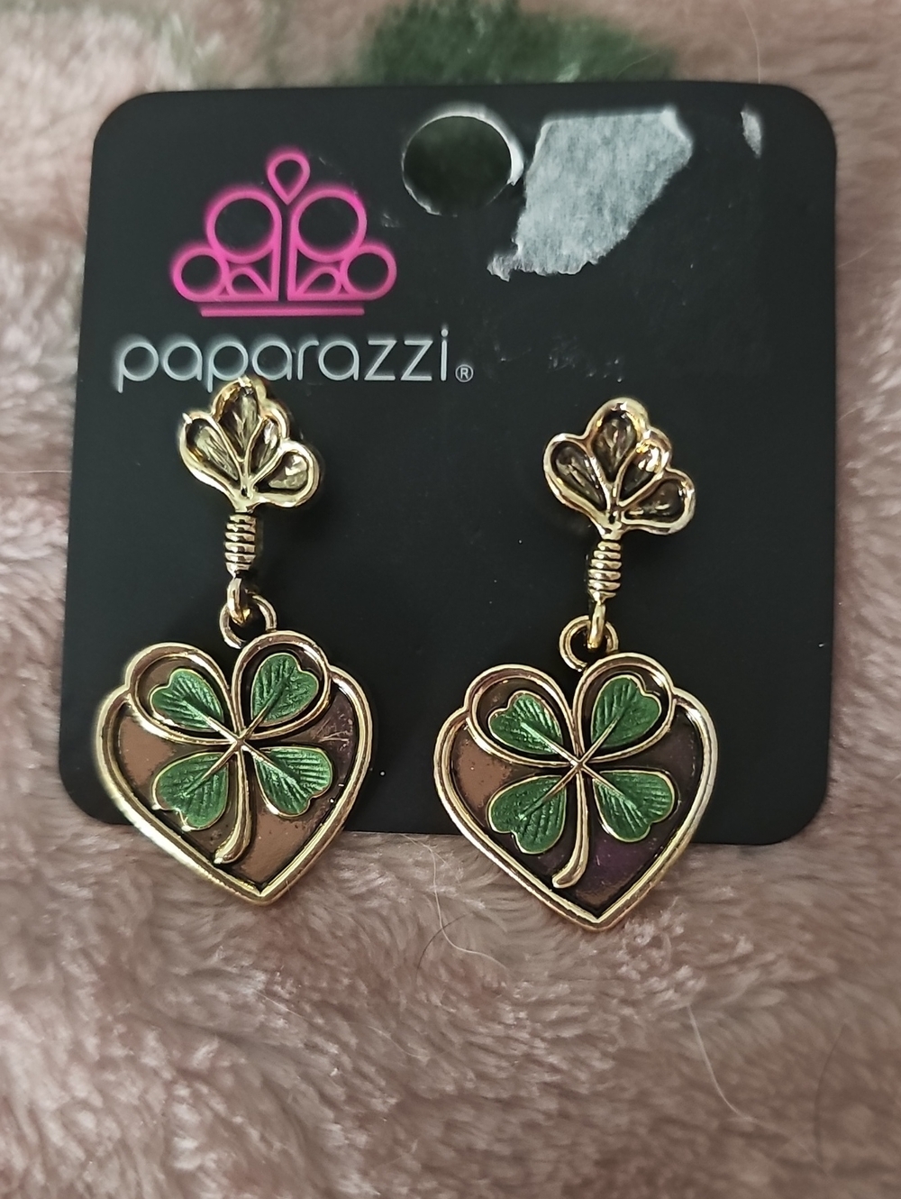 Paparazzi Gold and Green Heart Clover Dangle Earrings